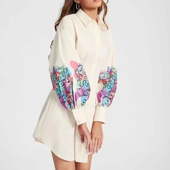 Beige Casual Womens Graphic Lantern Sleeve Fold Pleated Shirt Dress - Picture 4 of 5